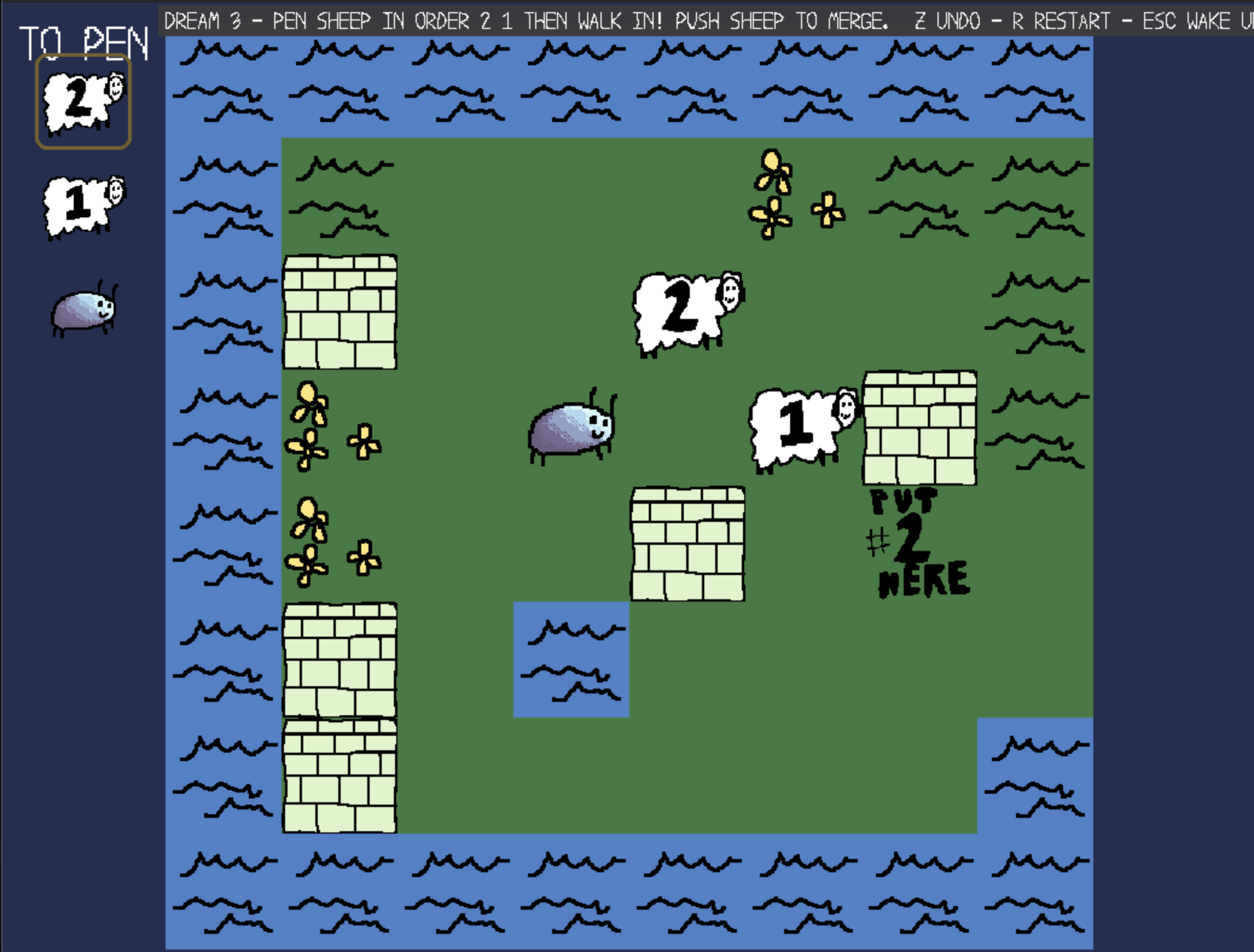 Carrot Count Sheep gameplay screenshot — penning sheep in a dream