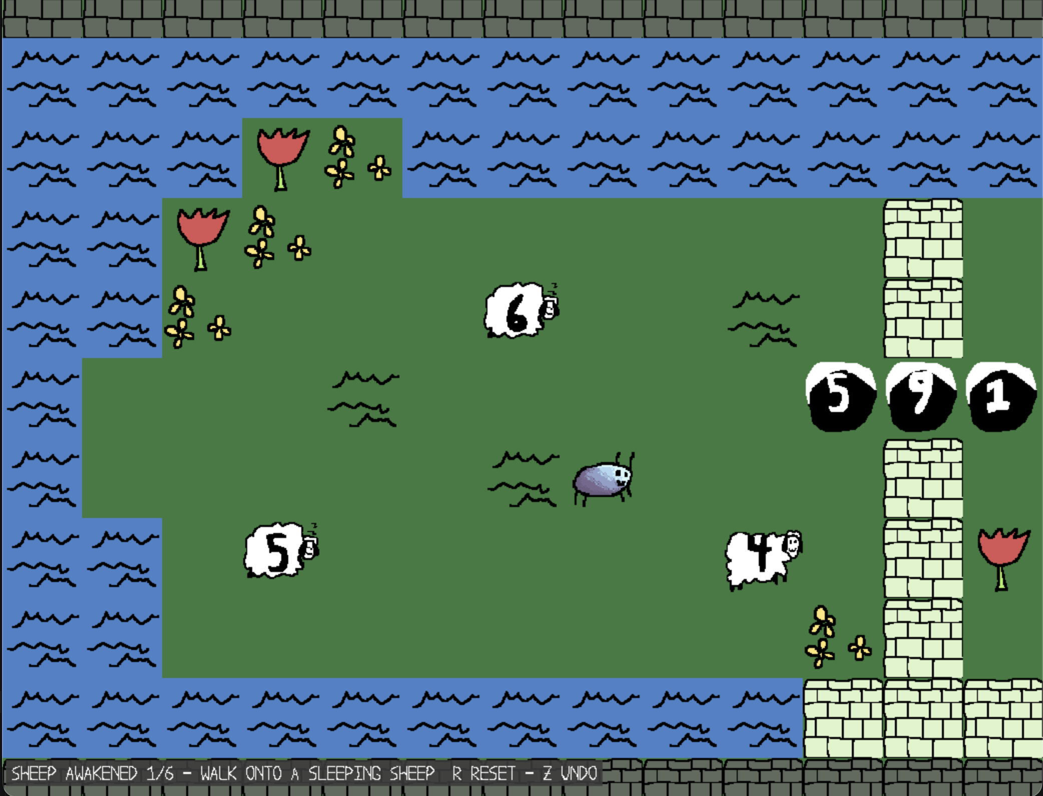 Carrot Count Sheep gameplay screenshot — waking sleeping sheep