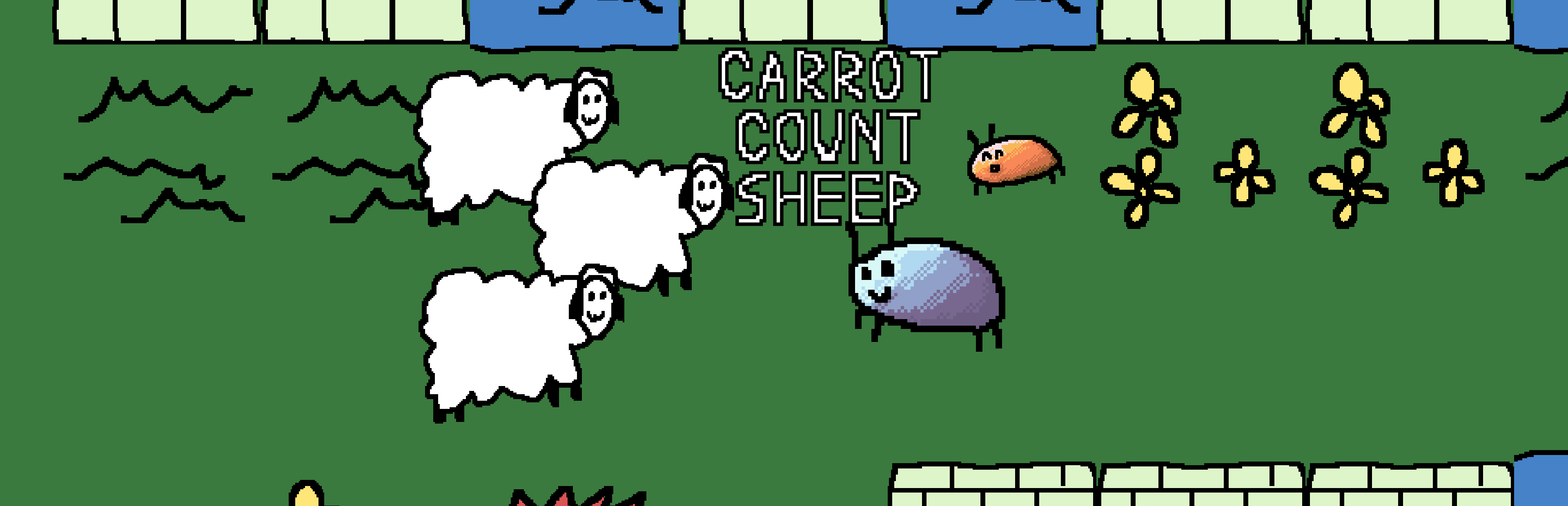 Carrot Count Sheep key art — Carrot the bug among sheep on a green field