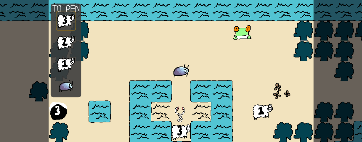 Animated gameplay: on the beach, Carrot picks up the grabber and grabs Kombu the frog
