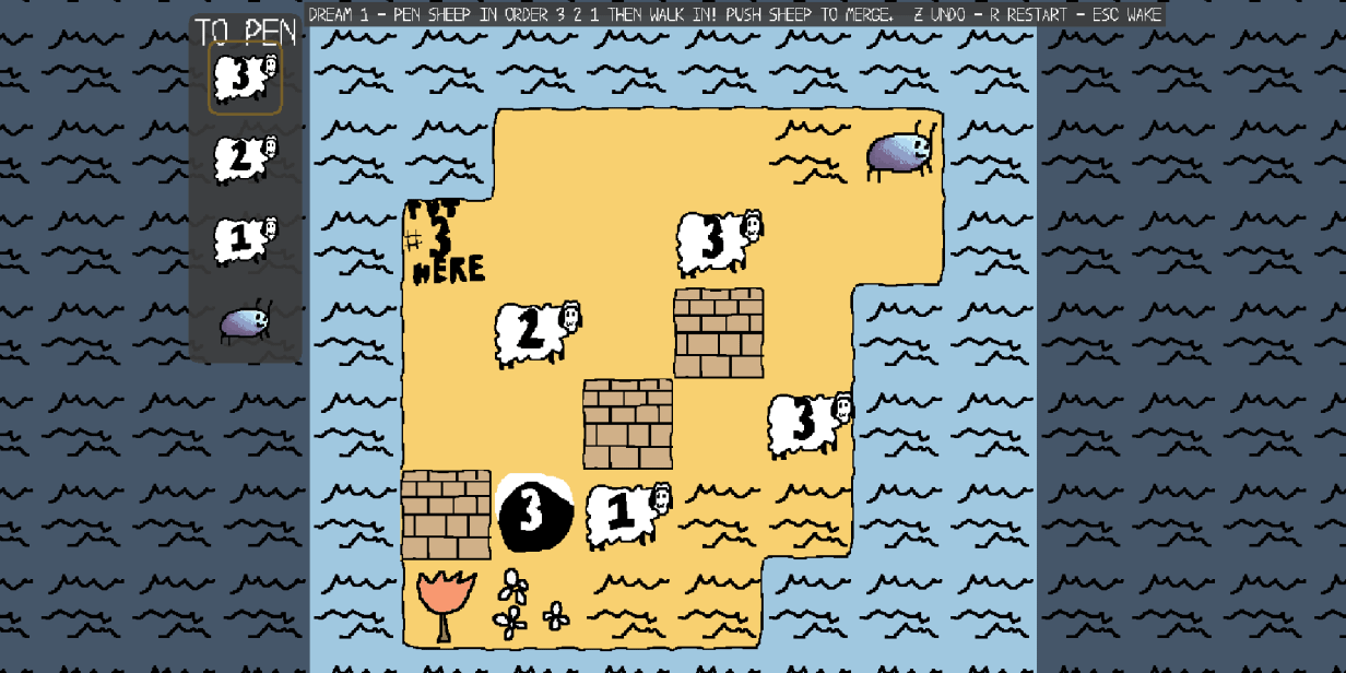 Animated gameplay: Carrot pushes a sheep into a hole in the bluffs and walks across