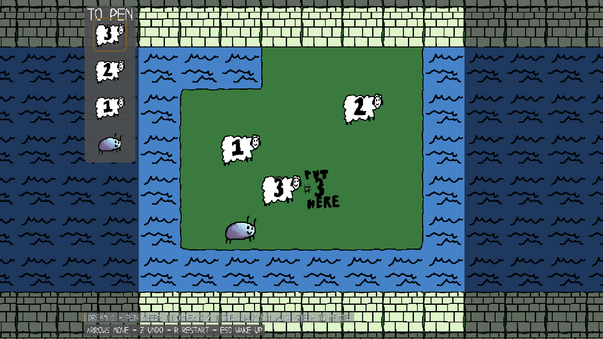 A meadows puzzle: pen sheep 1, 2 and 3