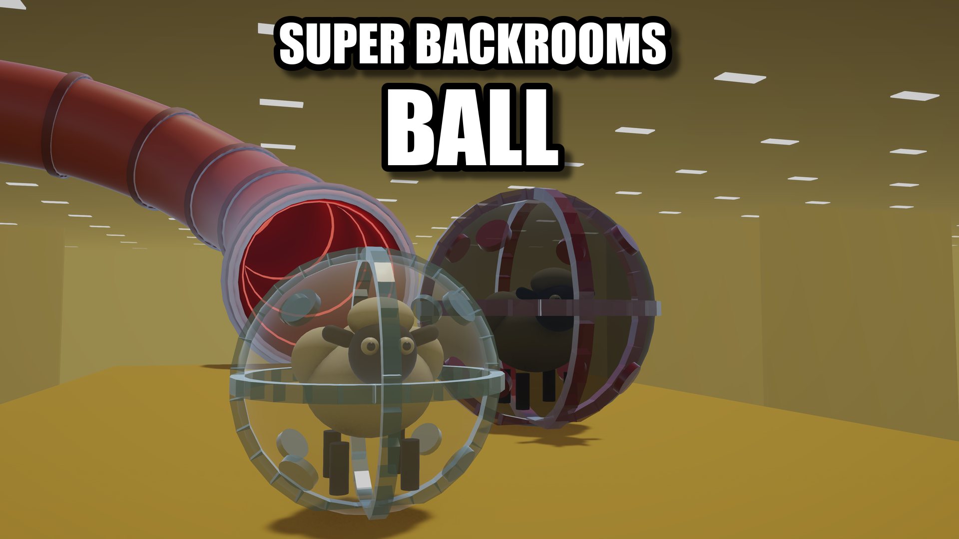 Super Backrooms Ball key art: a sheep in a clear ball rolls out of a red tube slide, a black ball close behind