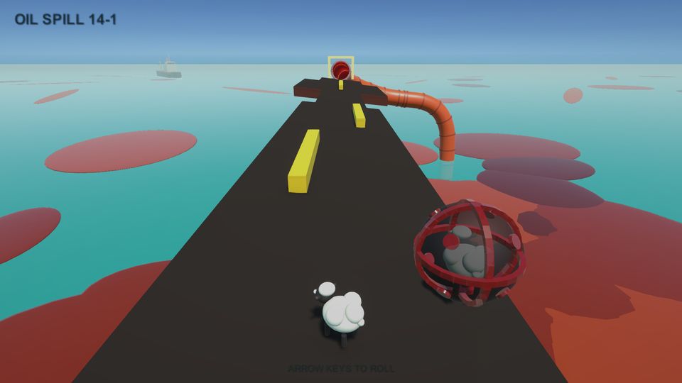 Oil Spill: the chaser's black ball rolls close behind the player's sheep on an oily black floor